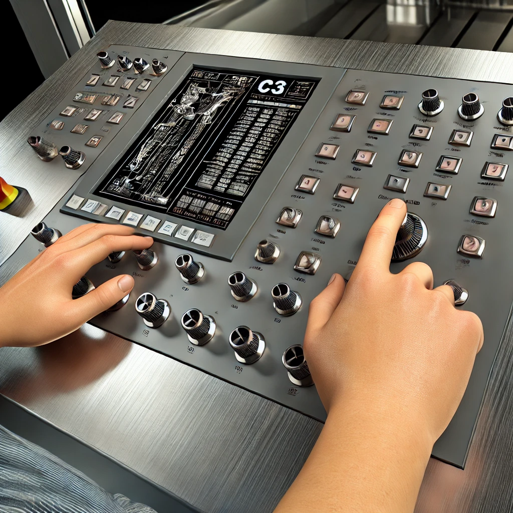Dall·e 2024 12 19 00.08.47 A Hyper Realistic Close Up Image Focusing On A Person's Hands Operating A Cnc Machine Control Panel. The Hands Are Actively Pressing Buttons And Turni